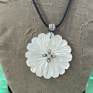 Leather Necklace With Mother of Pearl Flower and Sterling Silver Accents & Clap
